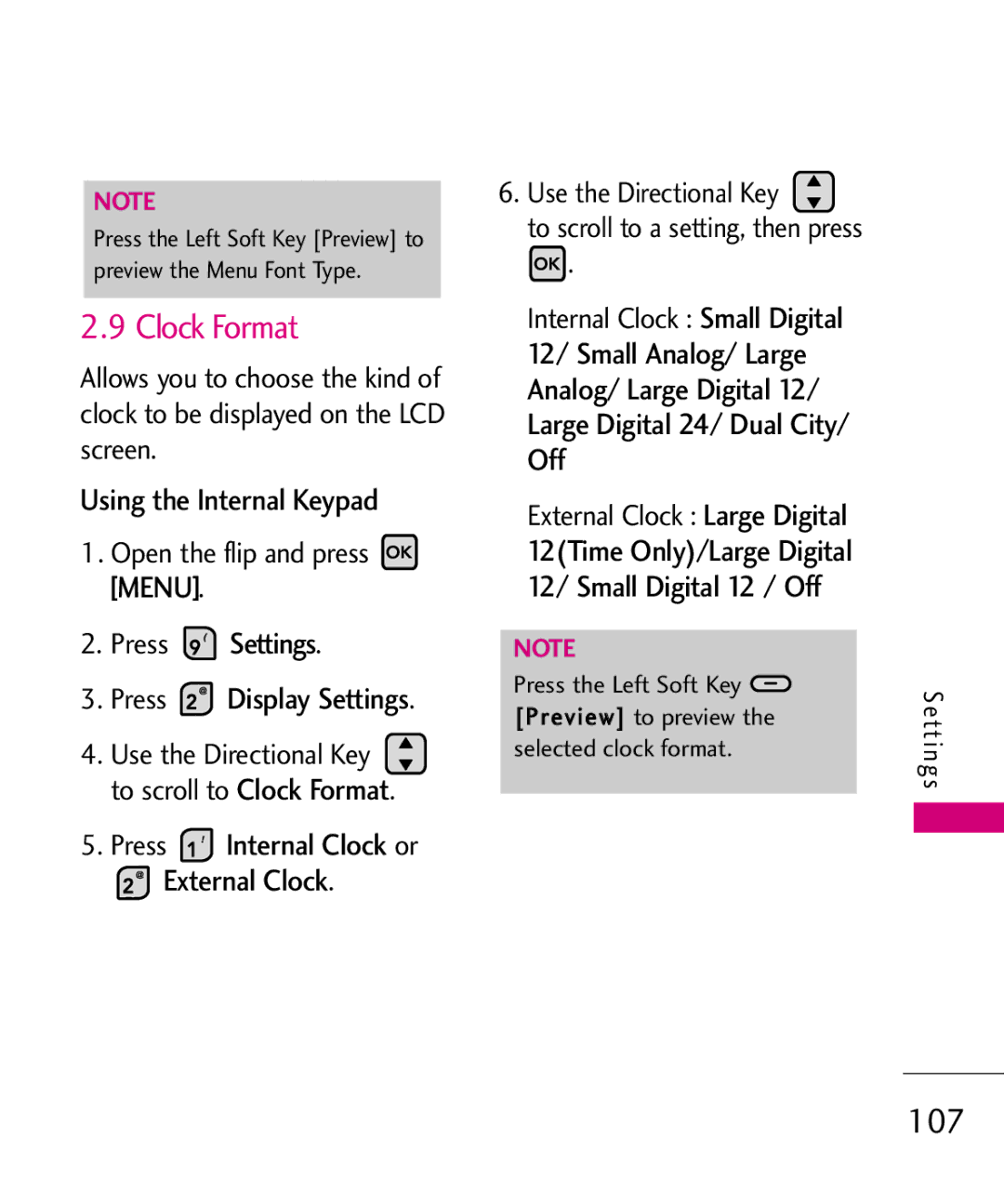 LG Electronics MMBB0370601(1.0), 9250 manual Clock Format, 107, Press Internal Clock or External Clock 