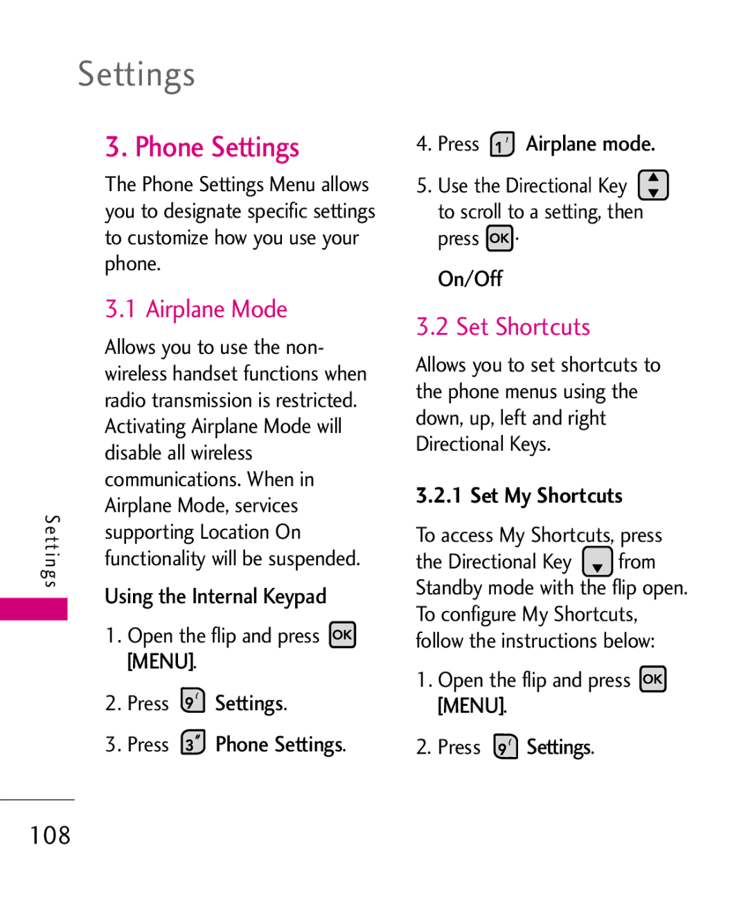 LG Electronics 9250, MMBB0370601(1.0) manual Phone Settings, Airplane Mode, Set Shortcuts, 108, Set My Shortcuts 