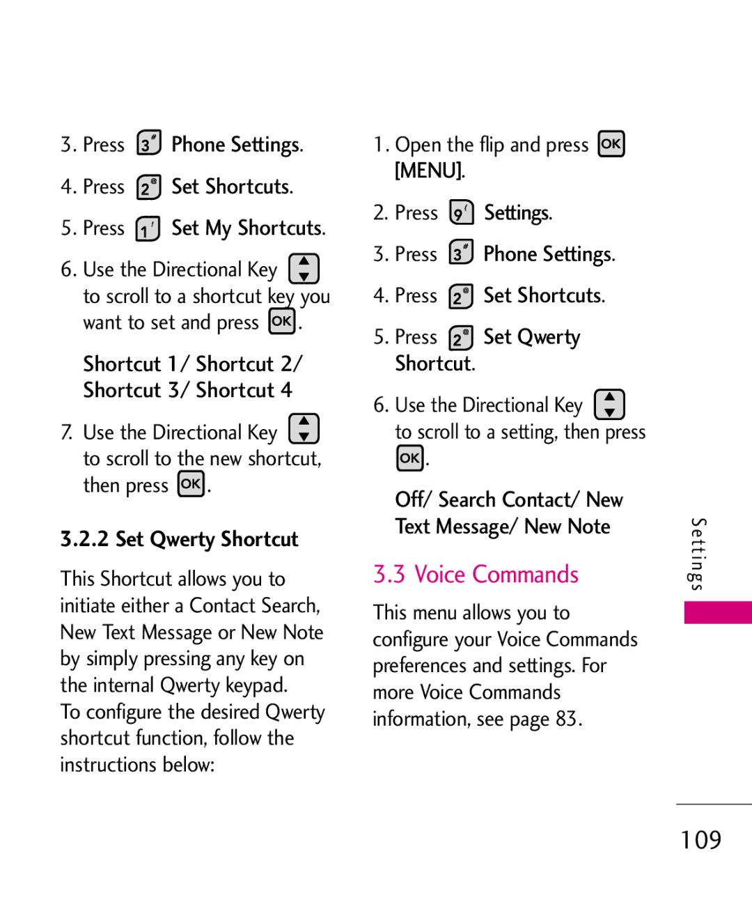 LG Electronics MMBB0370601(1.0), 9250 109, Set Qwerty Shortcut, Press Settings Press Phone Settings Press Set Shortcuts 