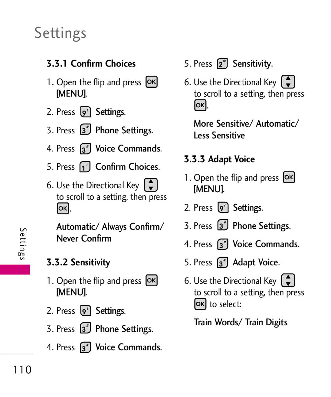 LG Electronics 9250, MMBB0370601(1.0) manual 110, Confirm Choices, Sensitivity, Adapt Voice 