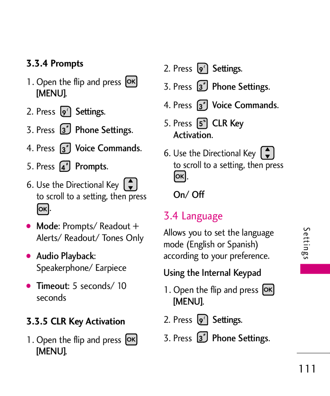 LG Electronics MMBB0370601(1.0), 9250 manual Language, 111, Prompts, CLR Key Activation 