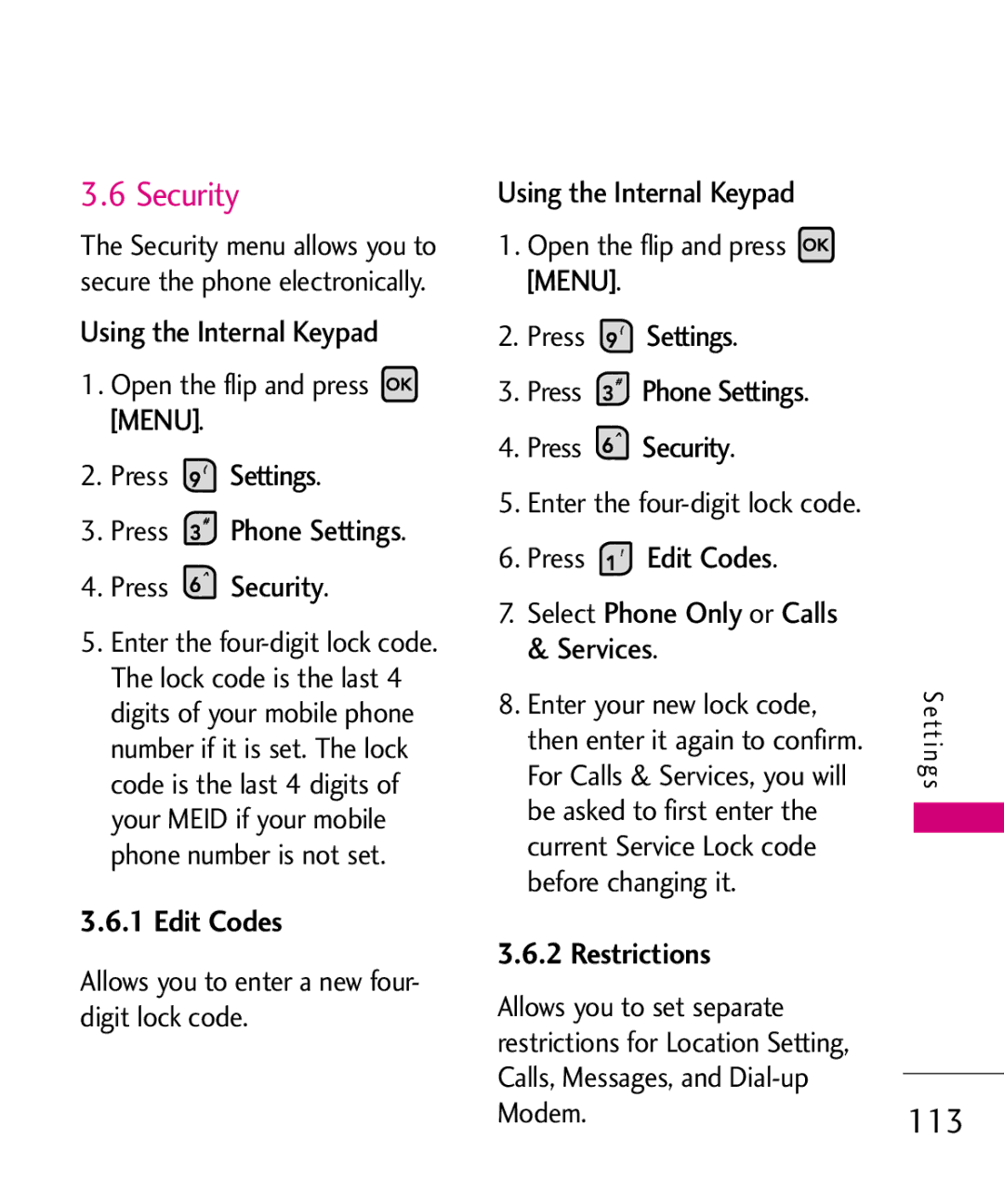 LG Electronics MMBB0370601(1.0), 9250 manual Security, 113, Edit Codes, Restrictions 