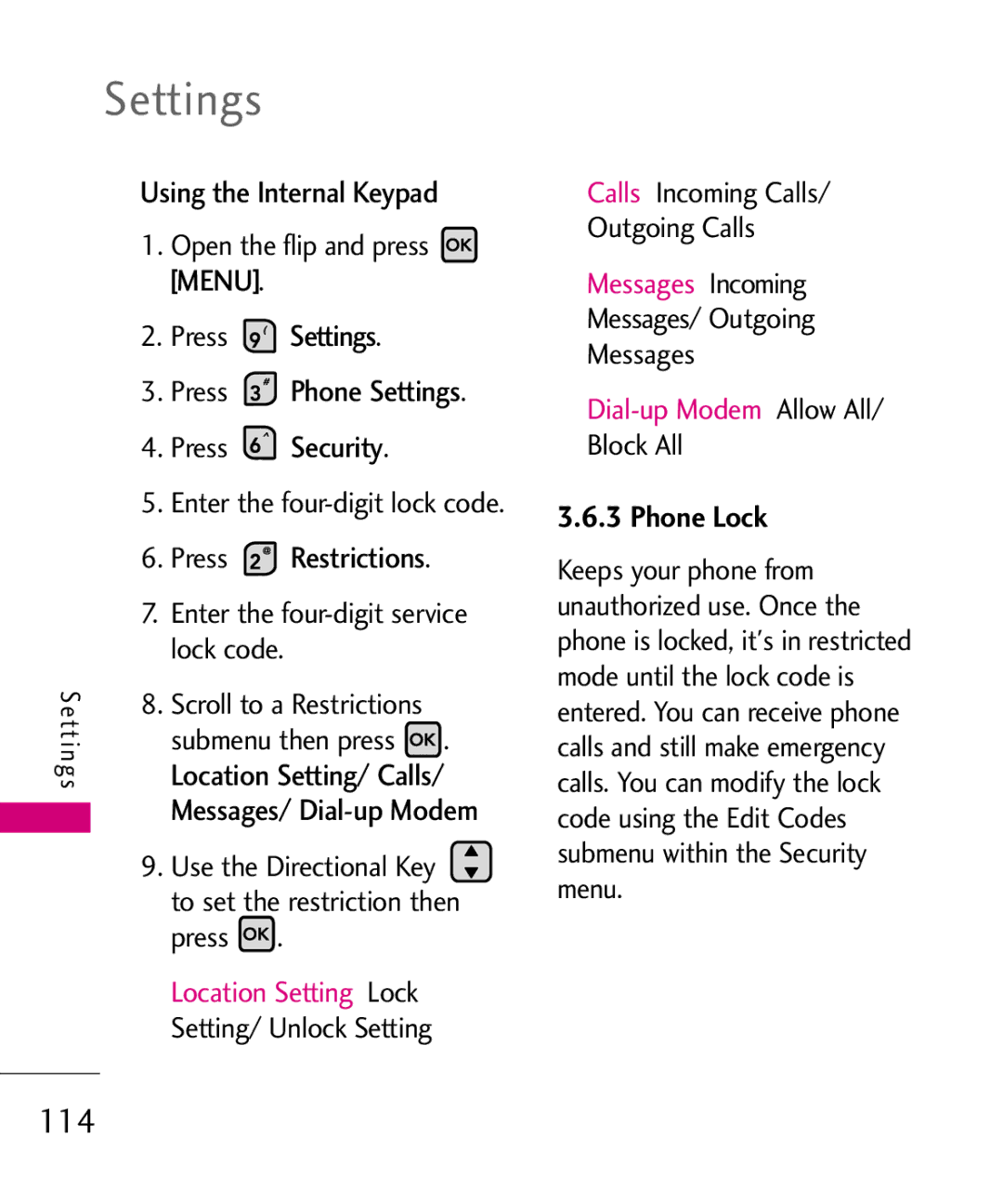 LG Electronics 9250, MMBB0370601(1.0) manual 114, Security, Location Setting/ Calls, Phone Lock 