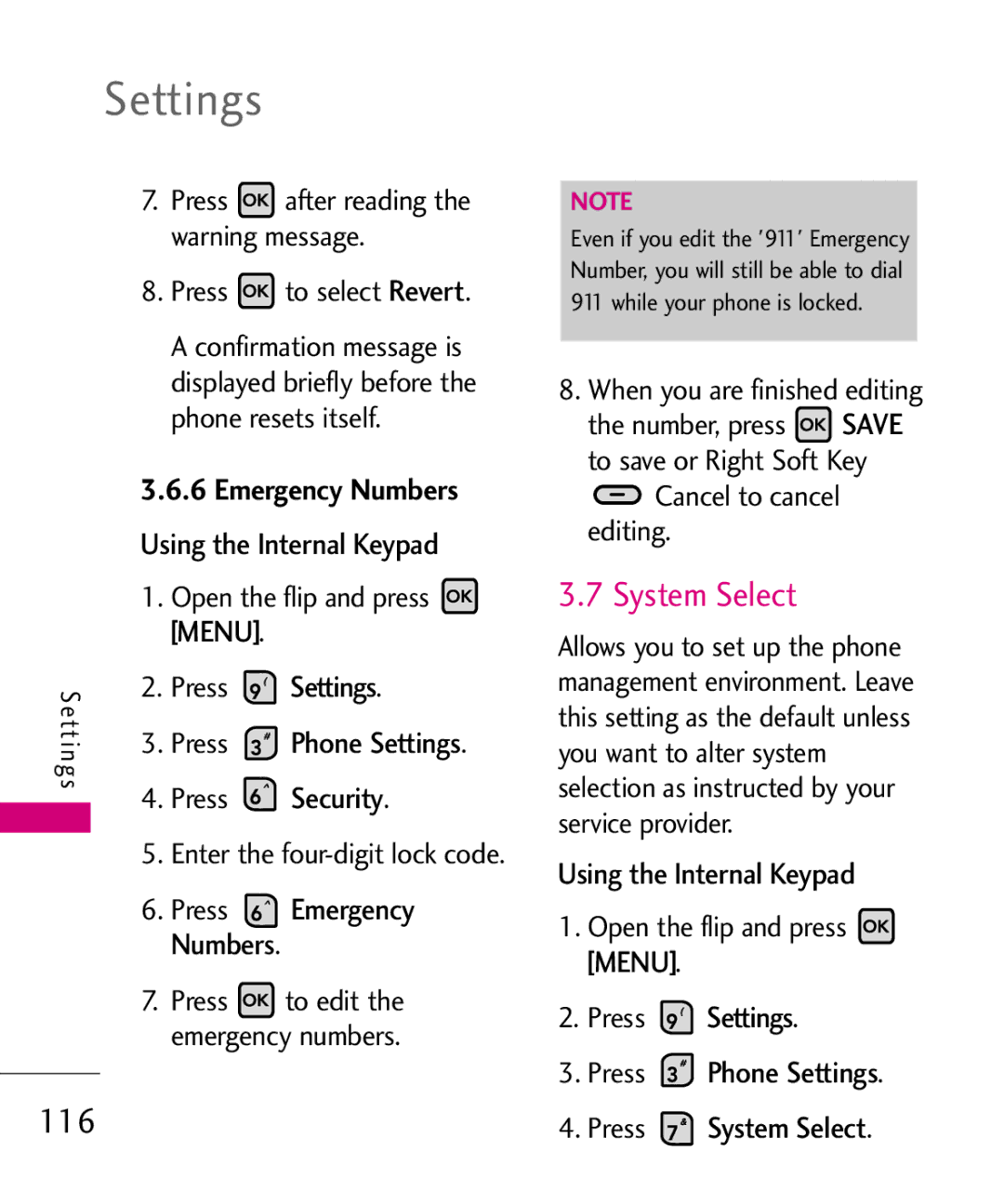 LG Electronics 9250, MMBB0370601(1.0) 116, Emergency Numbers, Press Settings Press Phone Settings Press System Select 