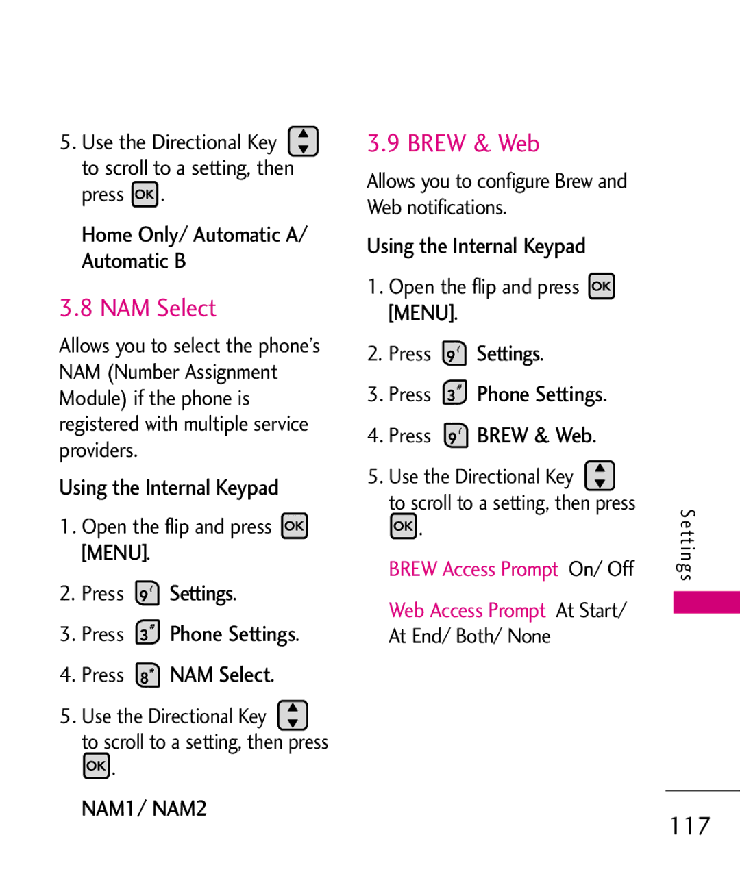 LG Electronics MMBB0370601(1.0), 9250 manual Brew & Web, 117, Press Settings Press Phone Settings Press NAM Select 