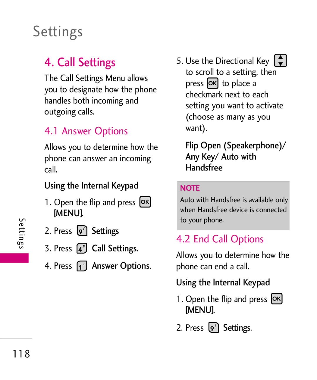 LG Electronics 9250, MMBB0370601(1.0) manual Answer Options, End Call Options, 118, Press Call Settings 