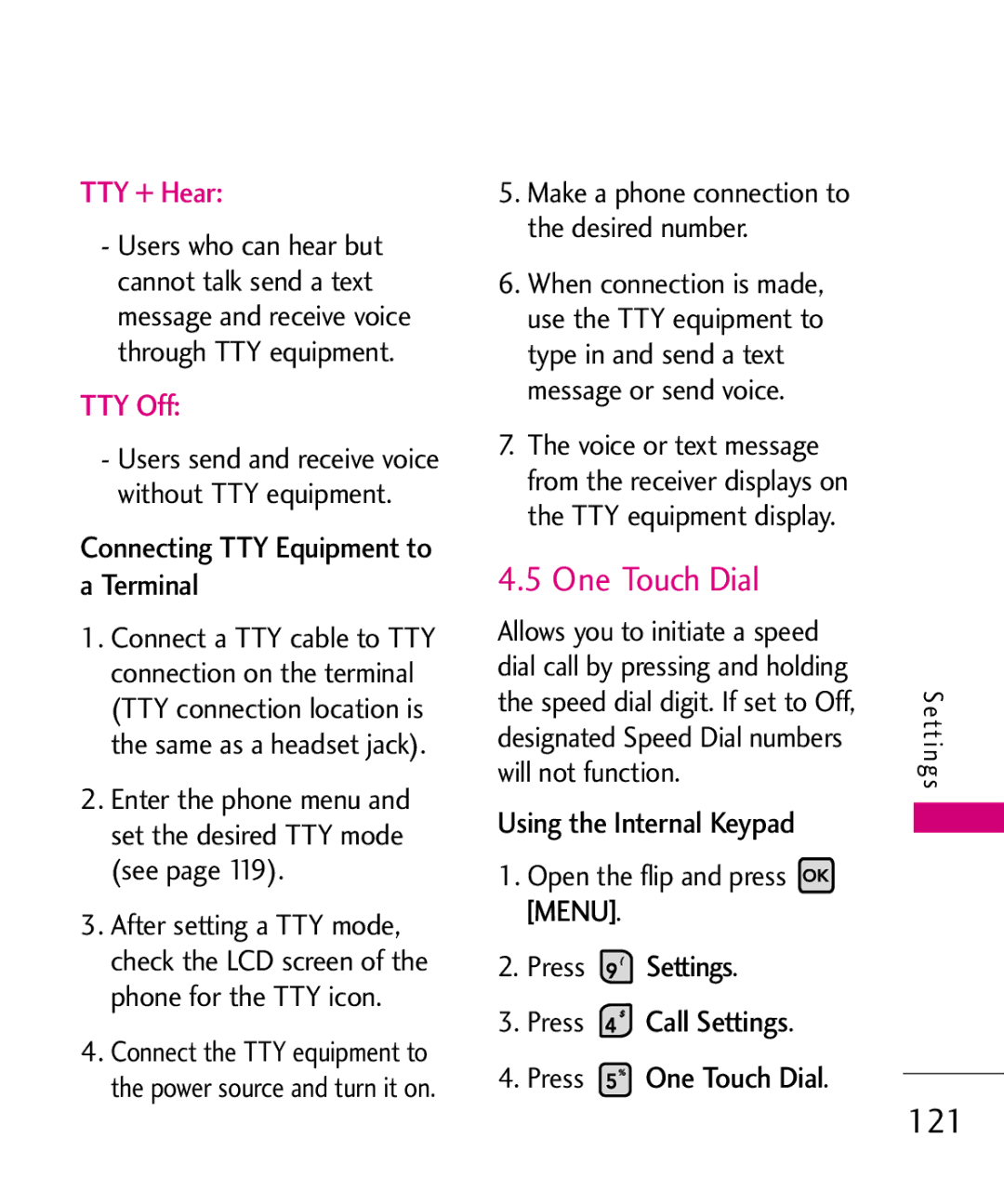 LG Electronics MMBB0370601(1.0), 9250 manual One Touch Dial, 121, Connecting TTY Equipment to a Terminal 