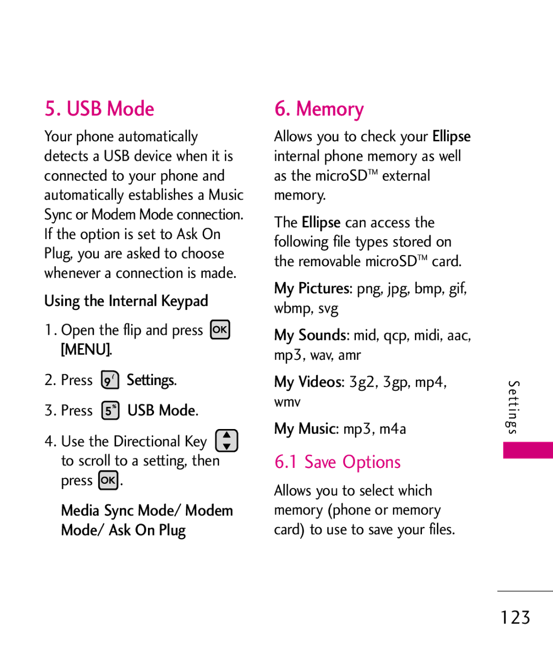 LG Electronics MMBB0370601(1.0), 9250 manual Memory, Save Options, 123, Press Settings Press USB Mode 