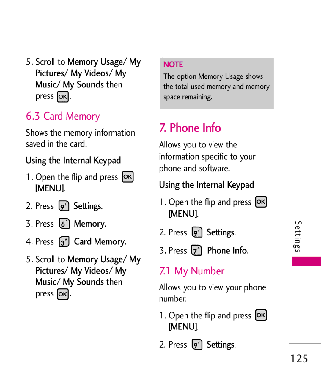 LG Electronics MMBB0370601(1.0), 9250 manual Phone Info, Card Memory, My Number, 125 