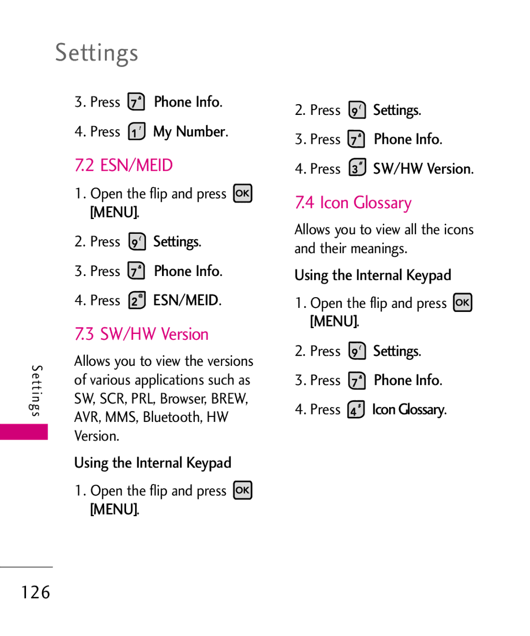 LG Electronics 9250, MMBB0370601(1.0) manual SW/HW Version, Icon Glossary, 126 