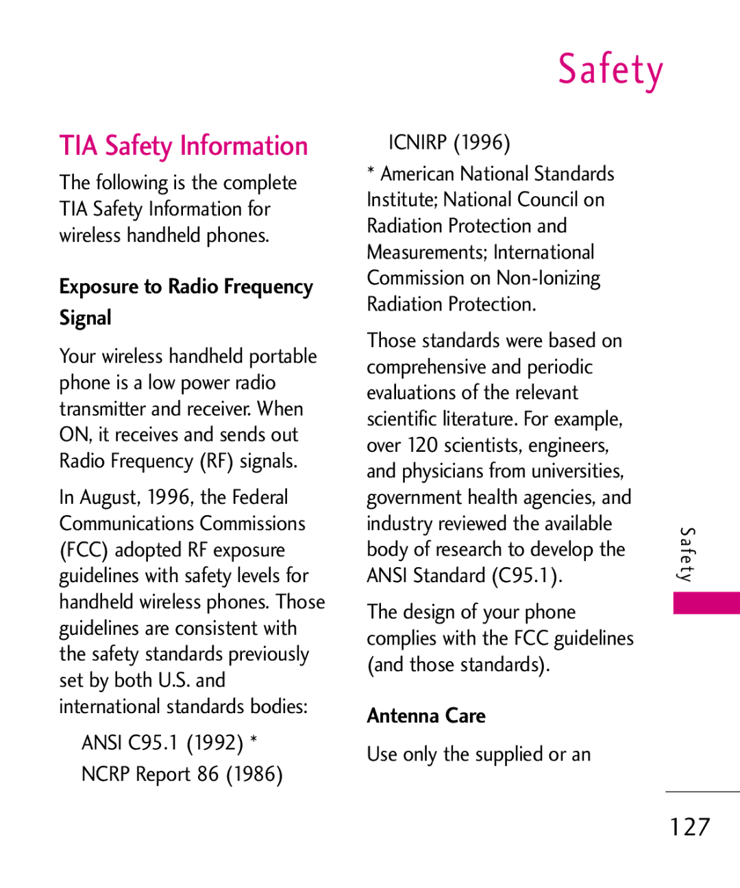 LG Electronics MMBB0370601(1.0), 9250 manual TIA Safety Information, 127, Exposure to Radio Frequency Signal, Antenna Care 