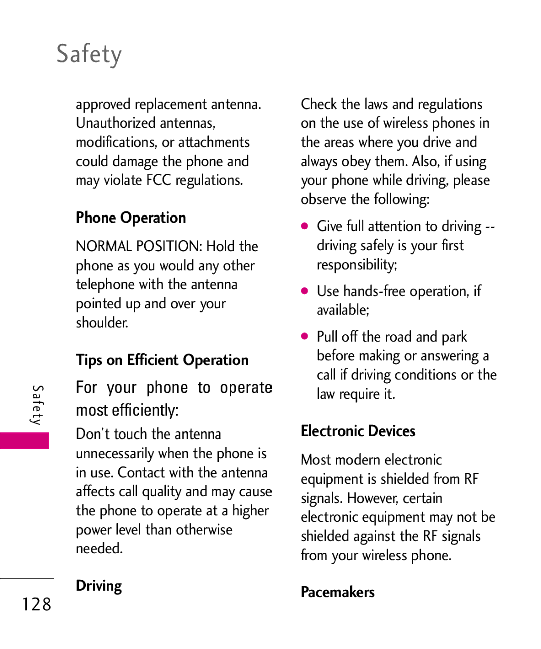 LG Electronics 9250, MMBB0370601(1.0) manual Safety, 128 