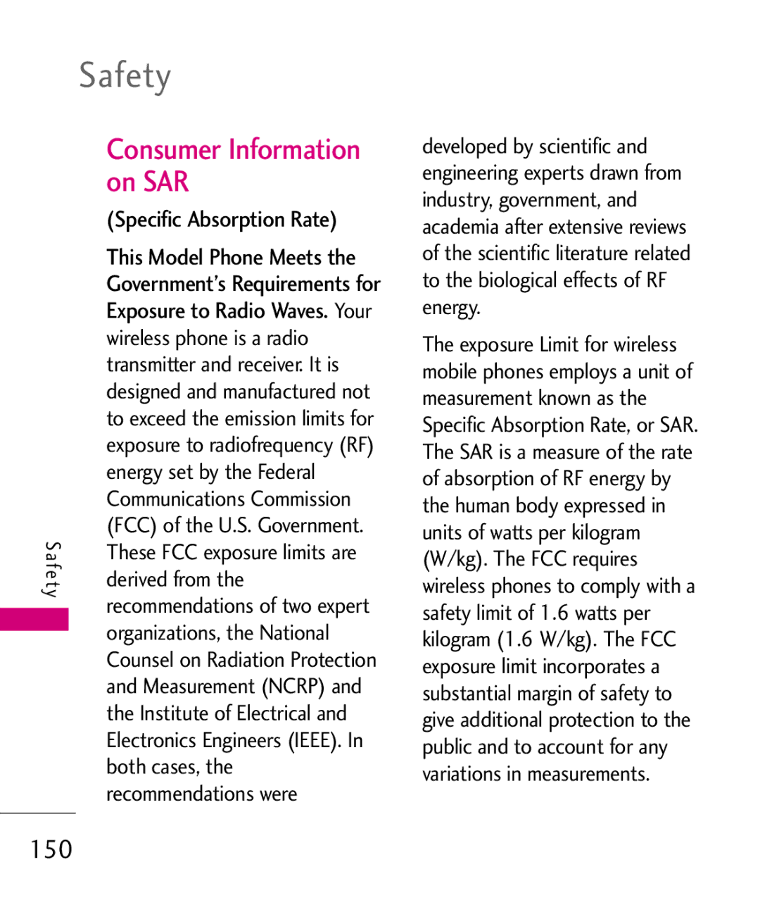 LG Electronics 9250, MMBB0370601(1.0) manual Consumer Information on SAR, 150, Specific Absorption Rate 