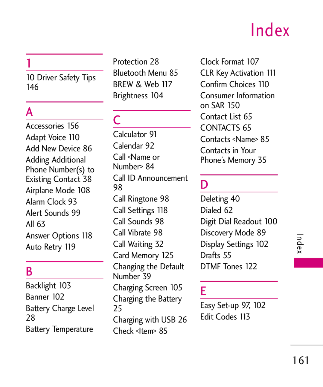 LG Electronics MMBB0370601(1.0), 9250 161, Driver Safety Tips 146, Airplane Mode 108 Alarm Clock 93 Alert Sounds 99 All 