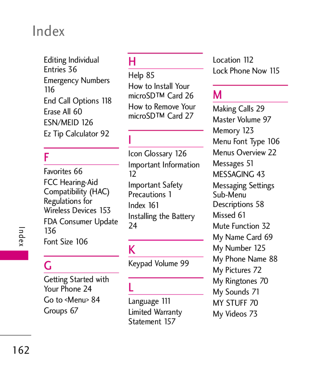 LG Electronics 9250, MMBB0370601(1.0) manual Index, 162 