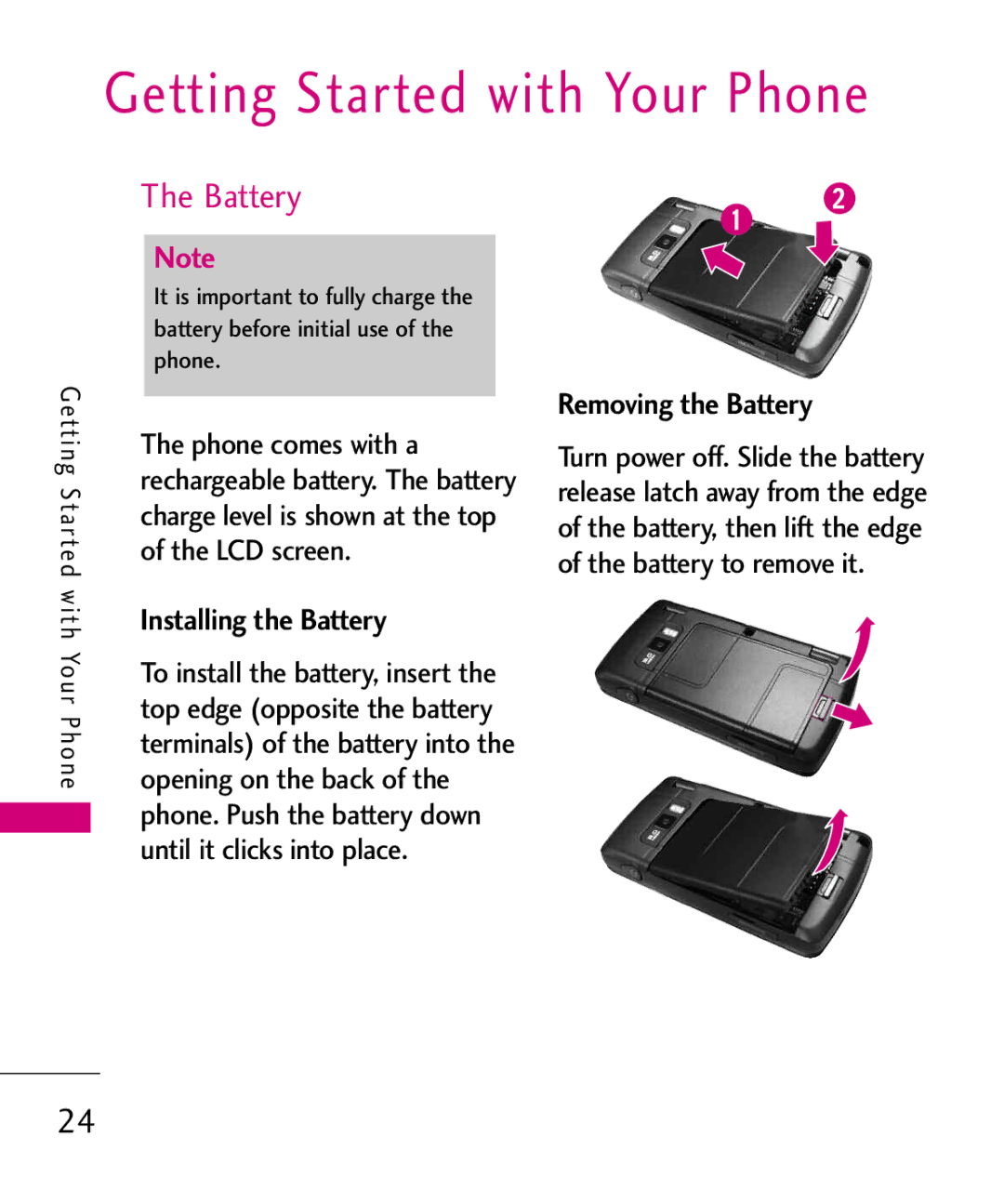 LG Electronics 9250 manual Installing the Battery, Removing the Battery, Tt i n g S ta r te d w i t h Yo u r P h o n e 