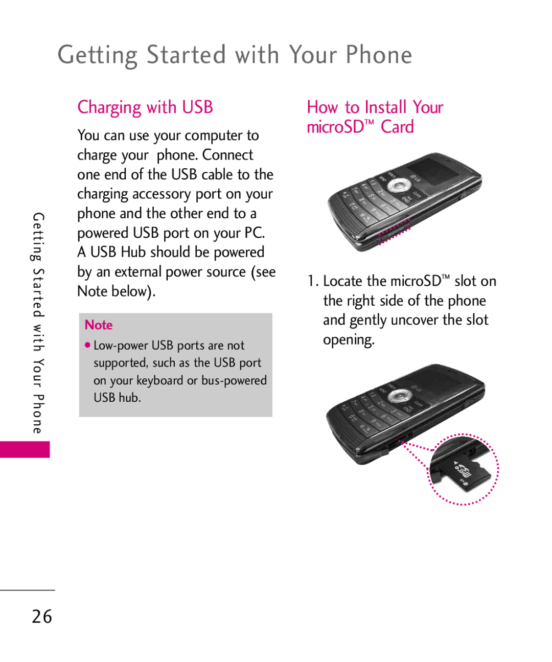 LG Electronics 9250, MMBB0370601(1.0) manual Getting Started with Your Phone, Charging with USB 