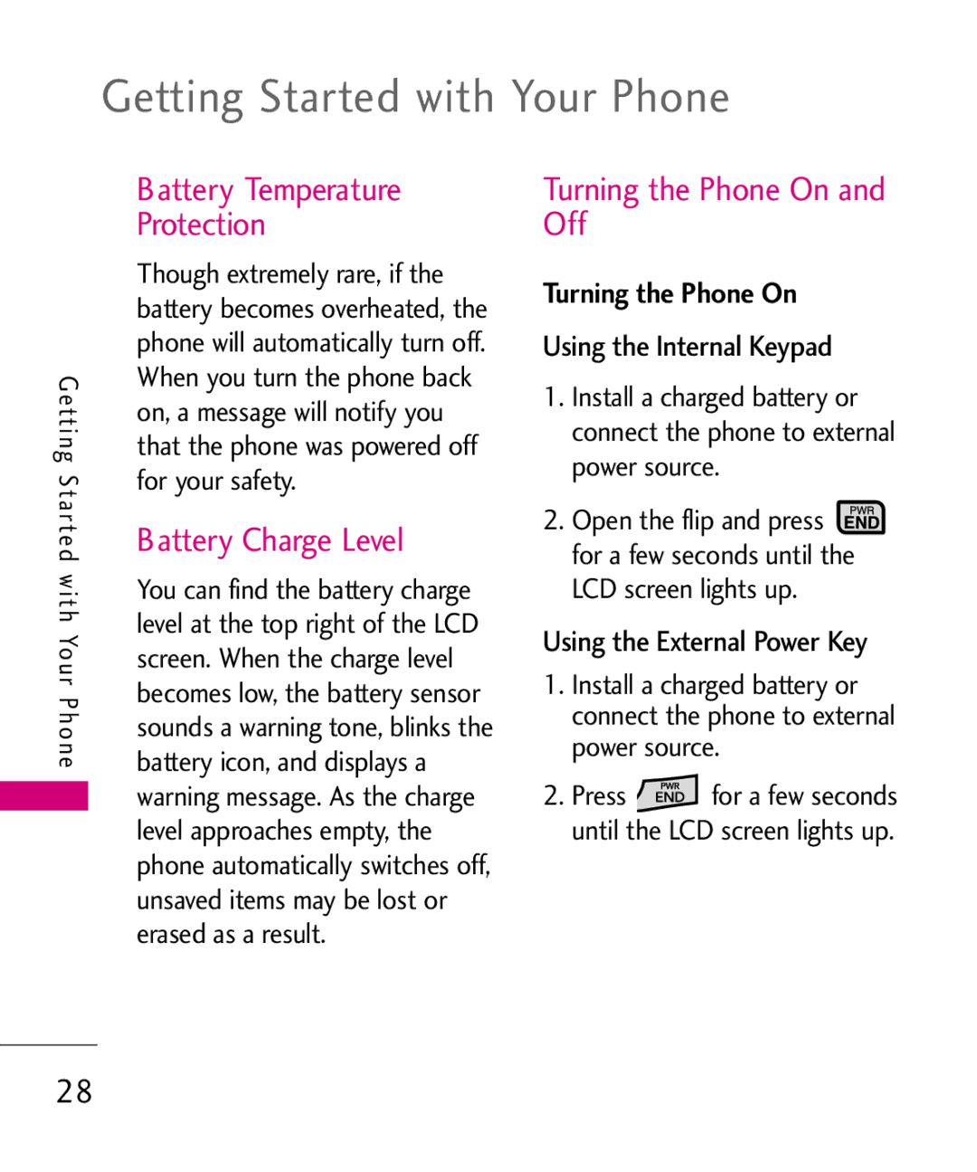 LG Electronics 9250, MMBB0370601(1.0) Battery Temperature Protection, Battery Charge Level, Turning the Phone On and Off 