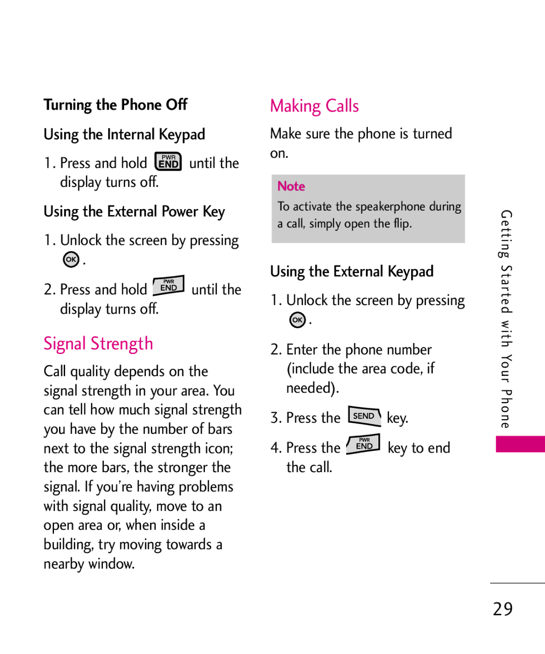 LG Electronics MMBB0370601(1.0), 9250 manual Signal Strength, Making Calls, Turning the Phone Off, Using the External Keypad 