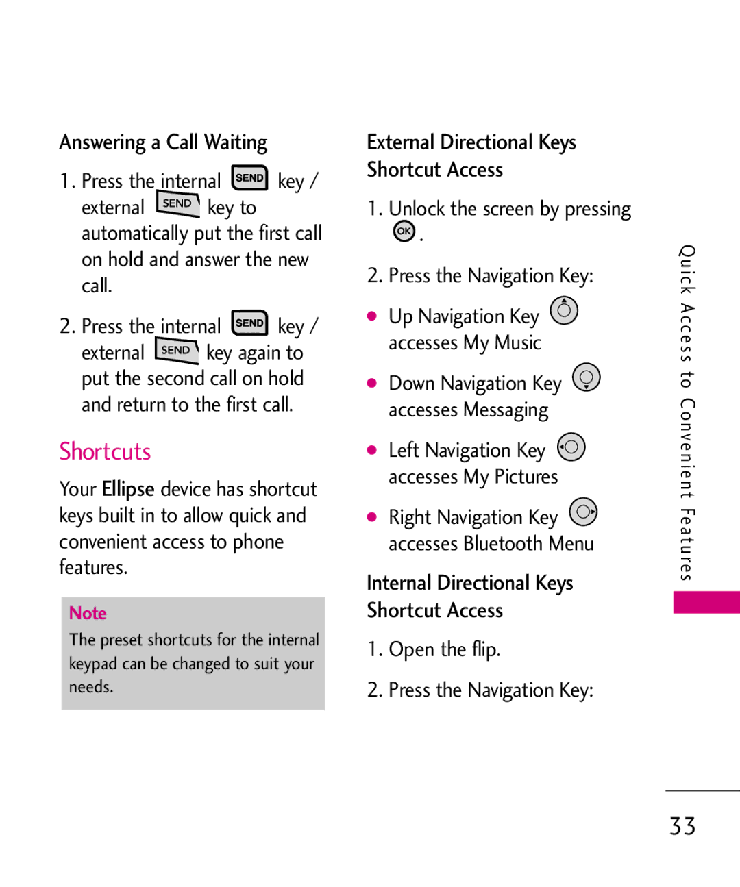 LG Electronics MMBB0370601(1.0), 9250 manual Shortcuts, Answering a Call Waiting, Up Navigation Key accesses My Music 