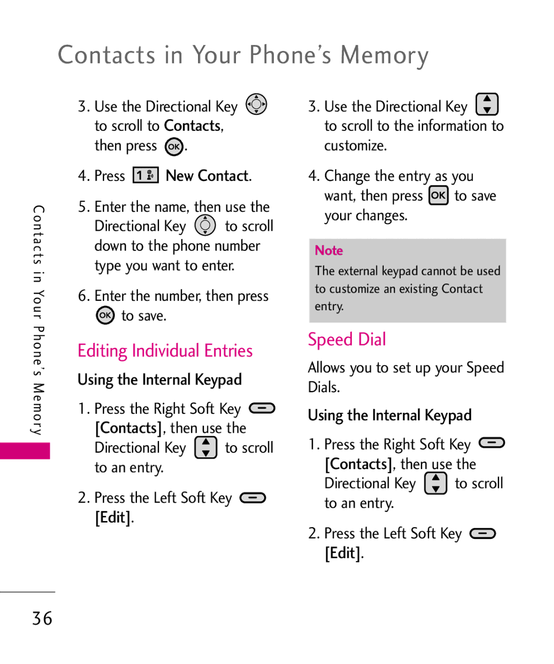 LG Electronics 9250 manual Contacts in Your Phone’s Memory, Editing Individual Entries, Speed Dial, Press New Contact 