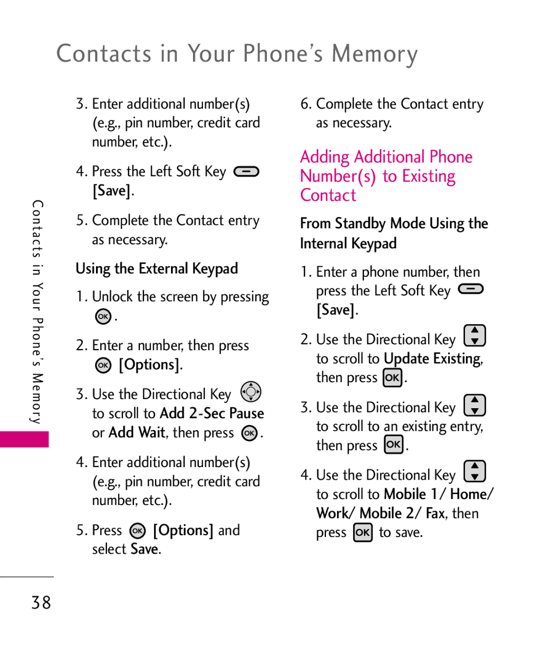 LG Electronics 9250 manual Adding Additional Phone Numbers to Existing Contact, Options, Enter a number, then press 