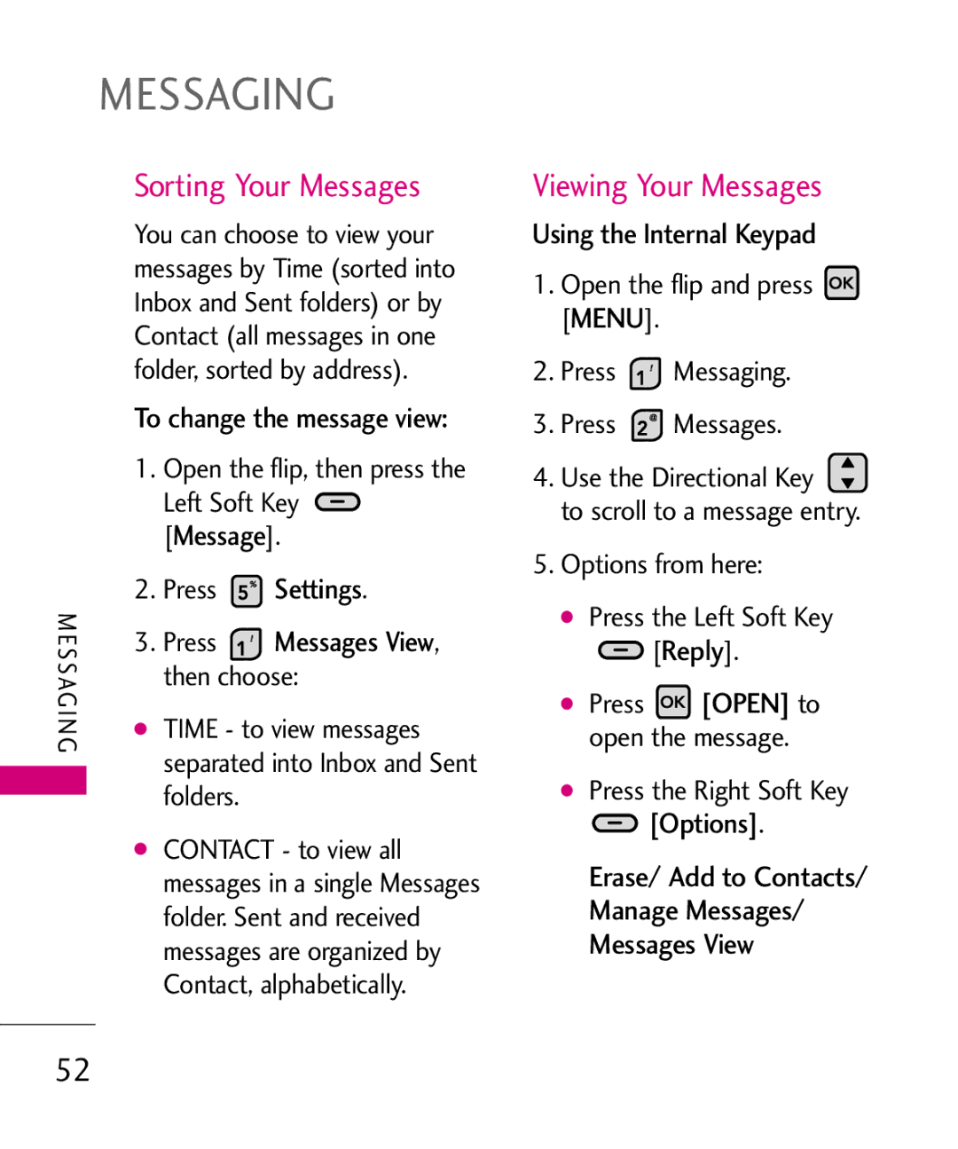 LG Electronics 9250, MMBB0370601(1.0) manual Sorting Your Messages, Viewing Your Messages, Settings, Reply 