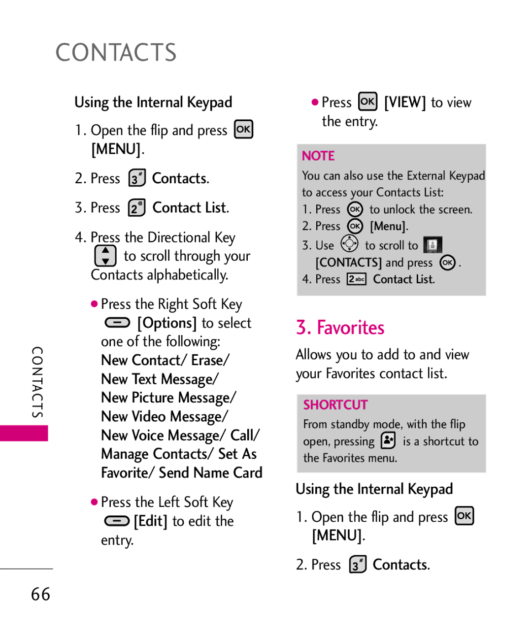 LG Electronics 9250 manual Favorites, Contact List, New Text Message, Manage Contacts/ Set As Favorite/ Send Name Card 