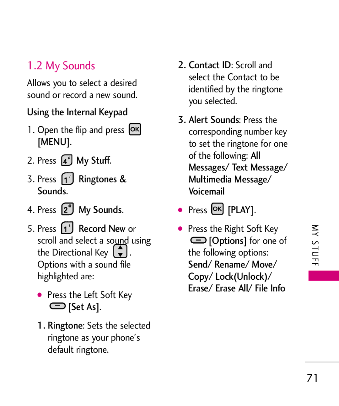 LG Electronics MMBB0370601(1.0), 9250 manual Press My Stuff, Press My Sounds Press Record New or, Set As 