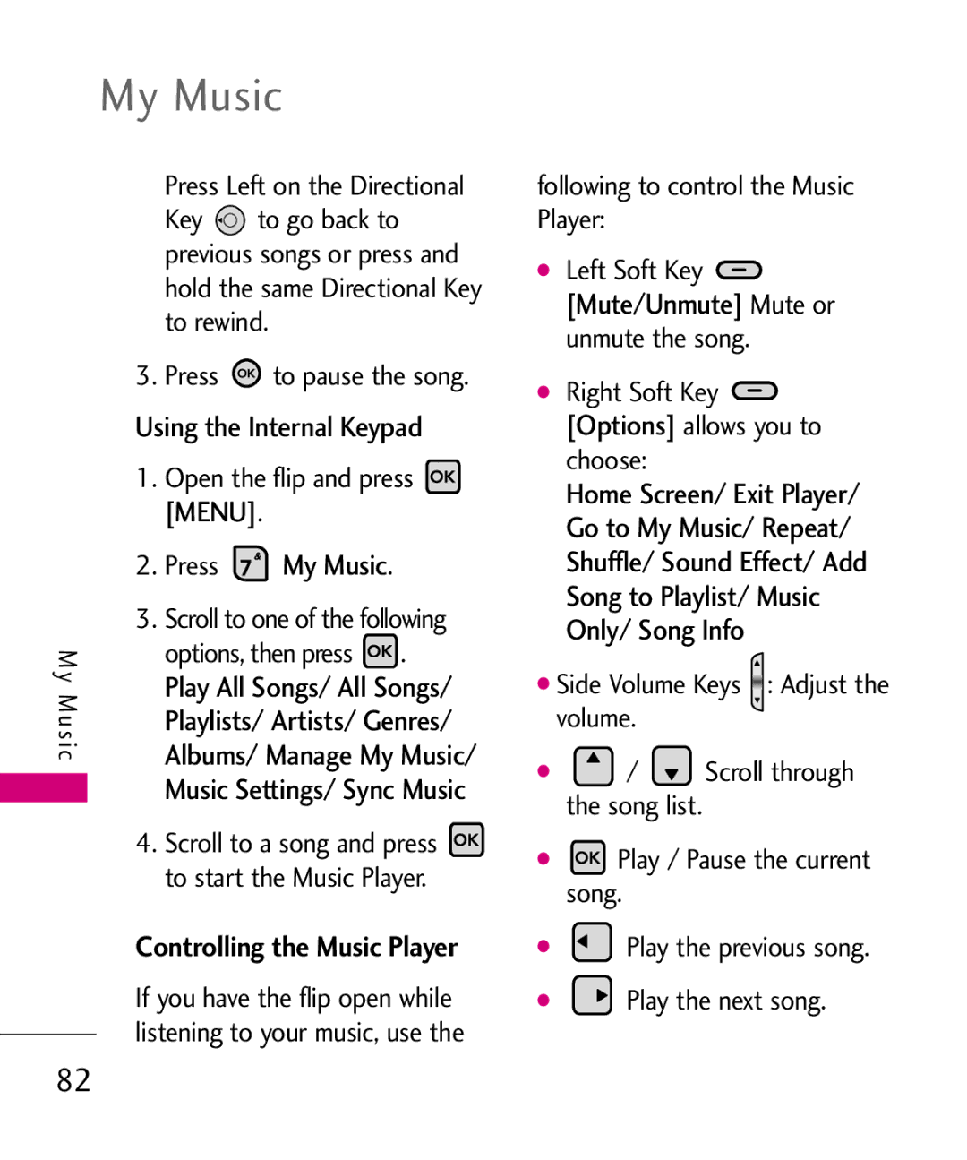 LG Electronics 9250 To rewind Press, Using the Internal Keypad, Play All Songs/ All Songs, Playlists/ Artists/ Genres 