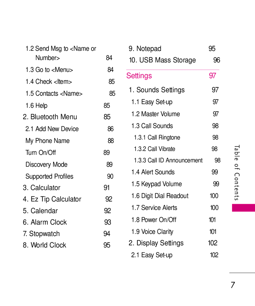 LG Electronics MMBB0370601(1.0) Bluetooth Menu, 84 10. USB Mass Storage, 85 1. Sounds Settings, Calendar, Alarm Clock, 102 