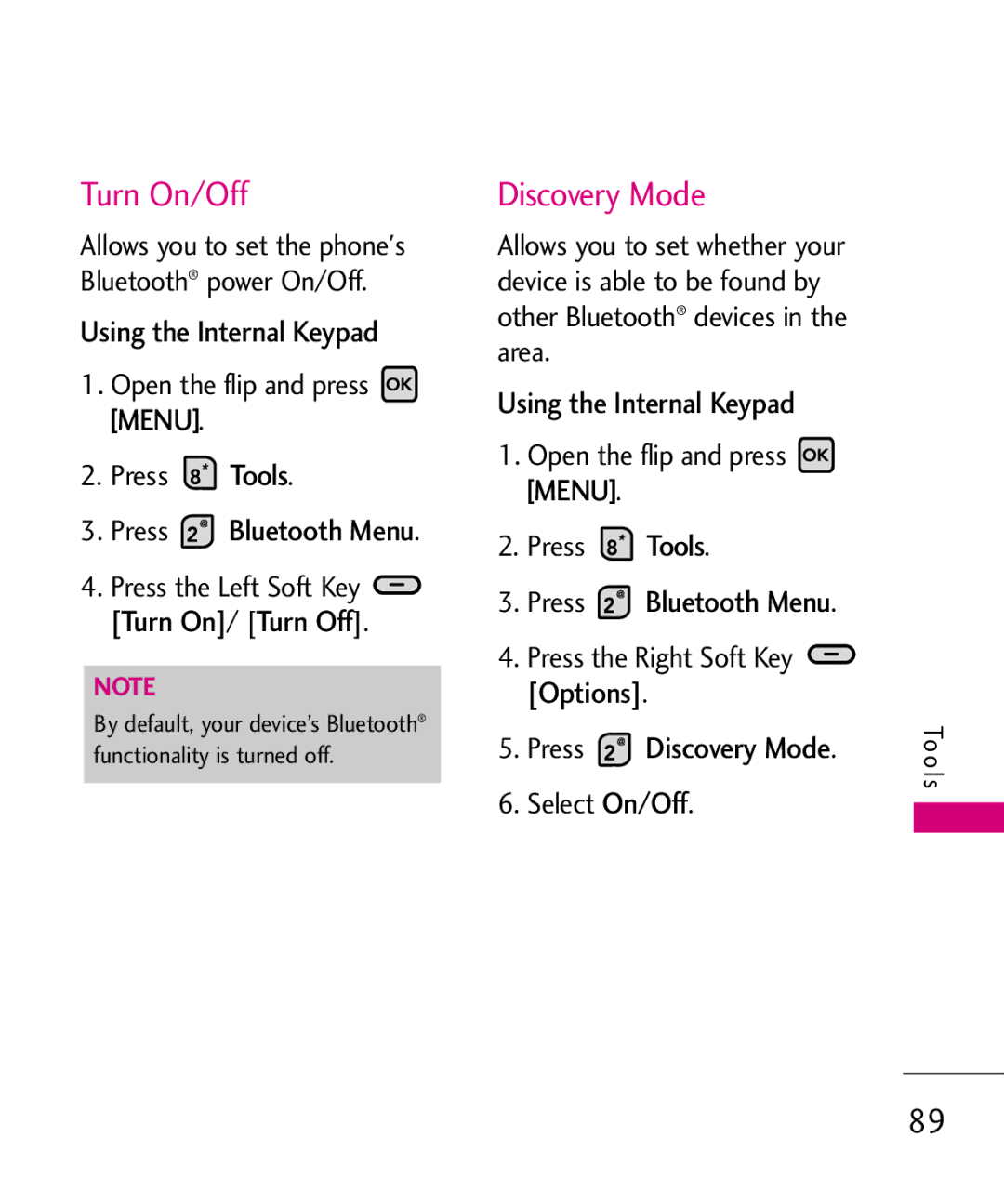 LG Electronics MMBB0370601(1.0), 9250 manual Turn On/Off, Press Discovery Mode, Select On/Off 