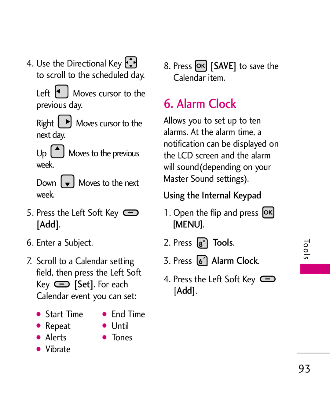 LG Electronics MMBB0370601(1.0), 9250 manual Press Alarm Clock, Vibrate Press Save to save the Calendar item 