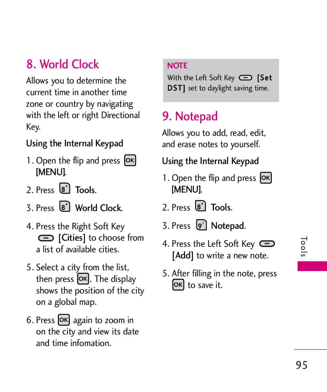 LG Electronics MMBB0370601(1.0), 9250 Press World Clock, Press Notepad, After filling in the note, press to save it 