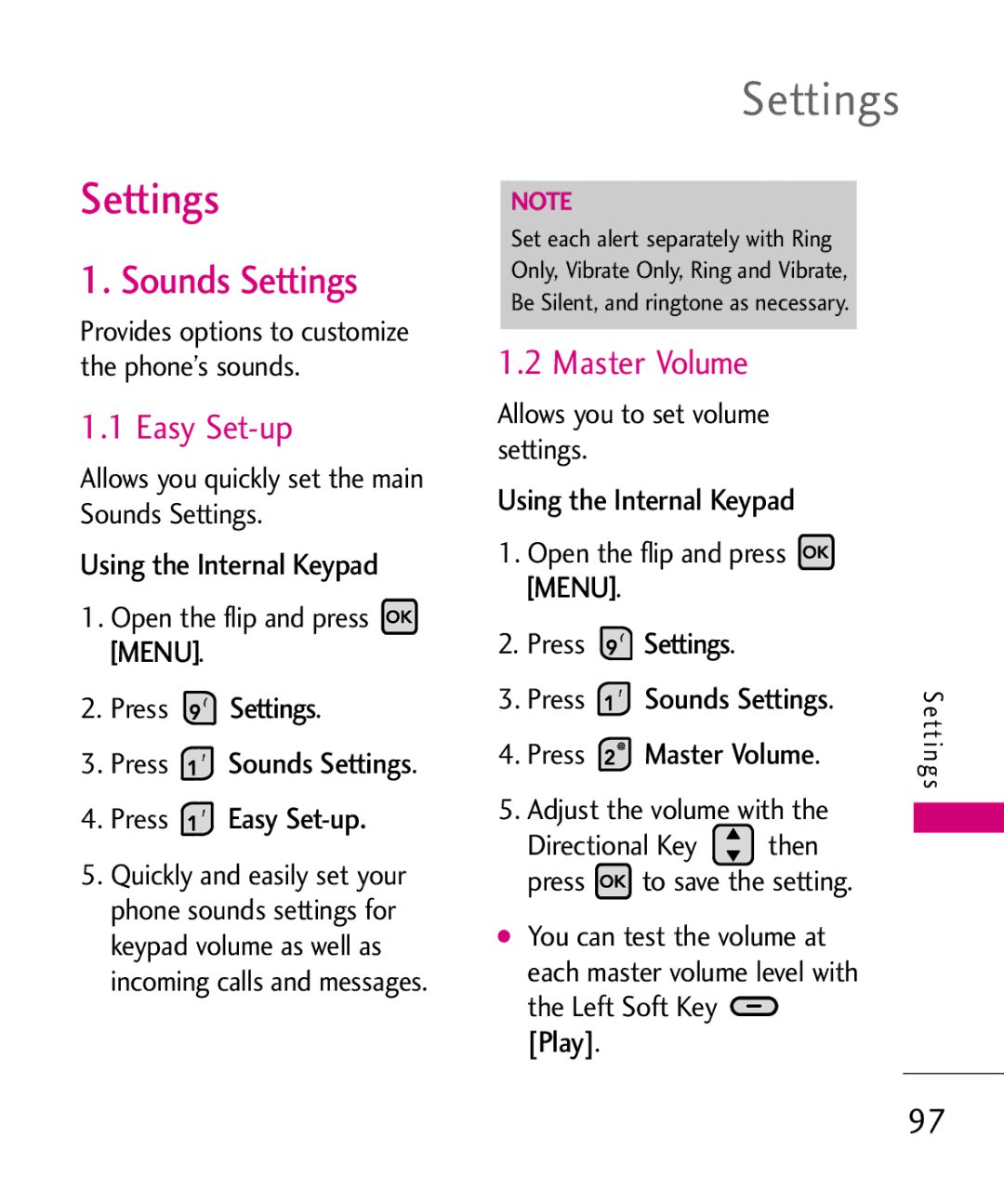 LG Electronics MMBB0370601(1.0), 9250 manual Sounds Settings, Easy Set-up, Master Volume 