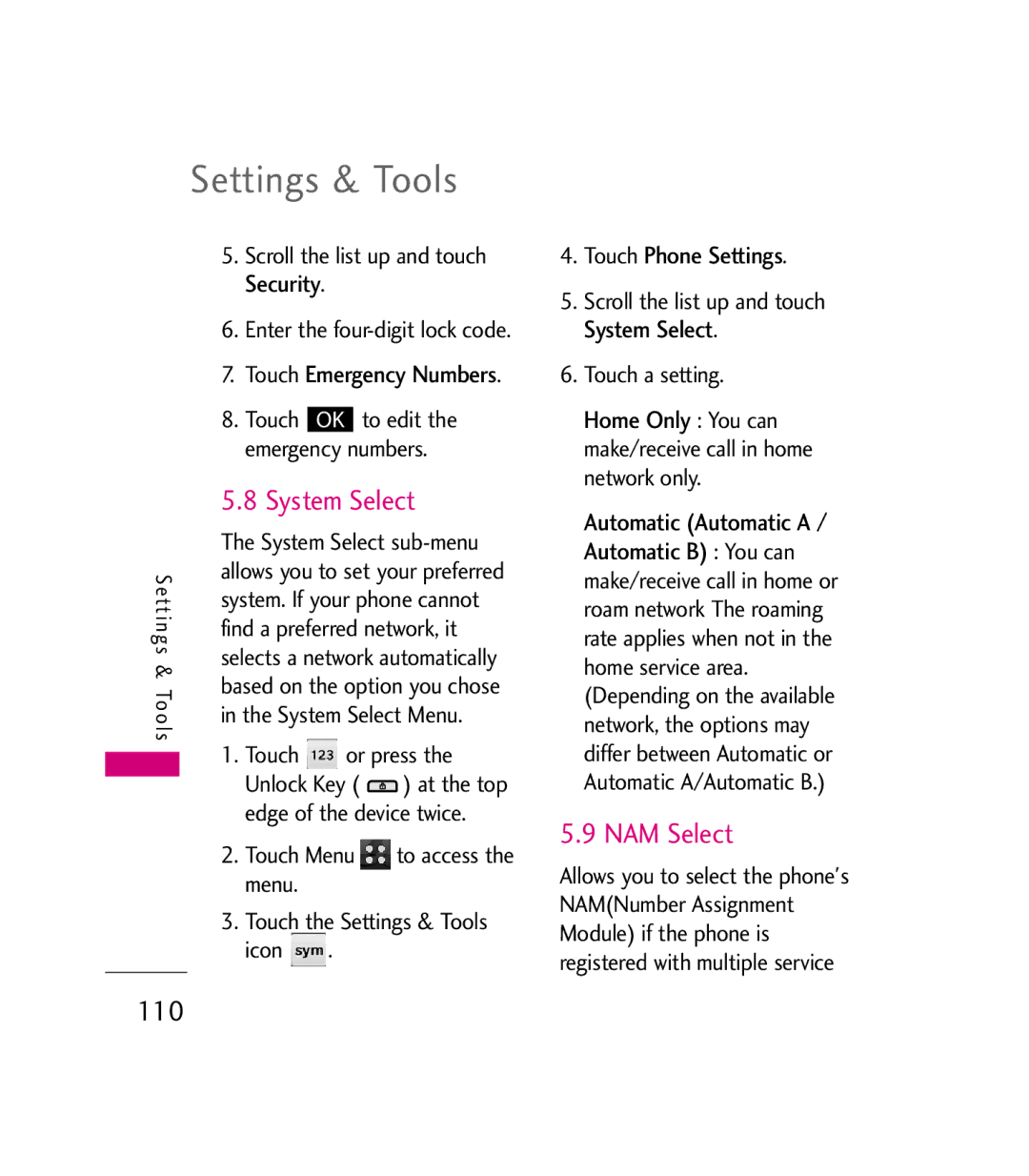 LG Electronics 9600 manual NAM Select, 110, Find a preferred network, it, System Select Menu 