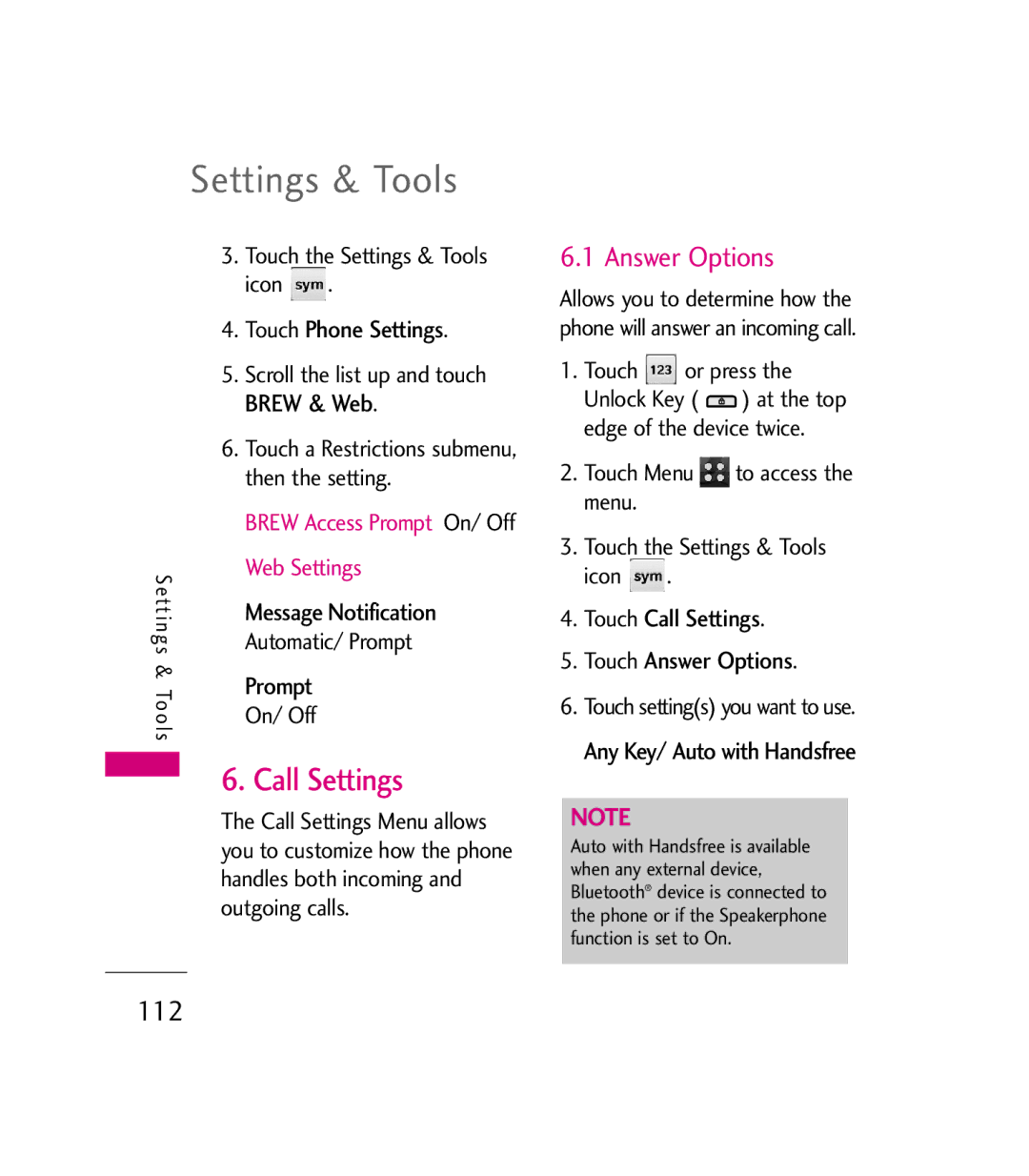 LG Electronics 9600 manual Call Settings, Answer Options, 112 