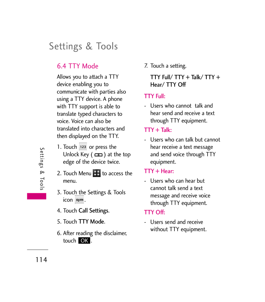 LG Electronics 9600 manual 114, Touch Call Settings, Touch TTY Mode, TTY Full/ TTY + Talk/ TTY + Hear/ TTY Off 