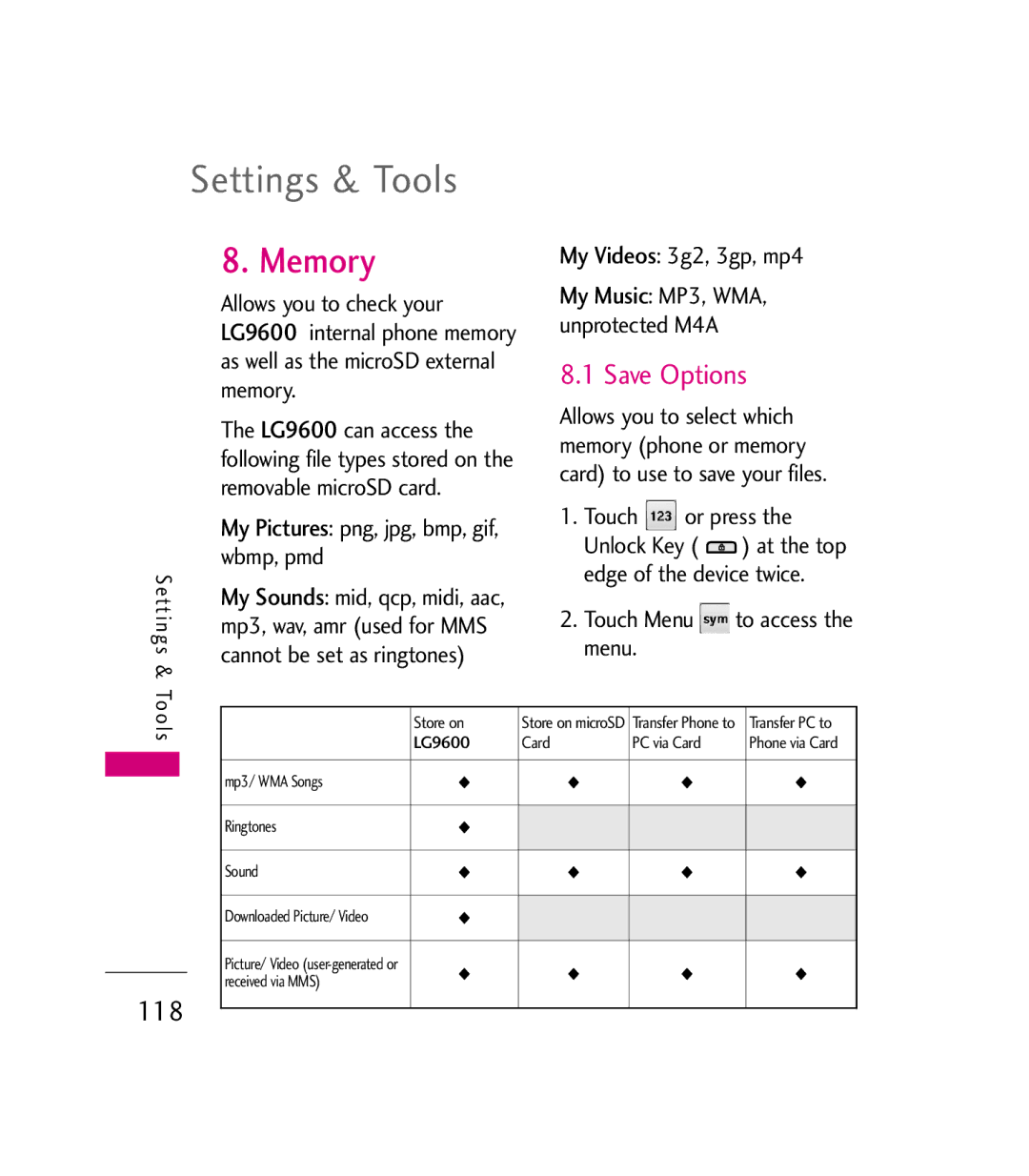 LG Electronics 9600 manual Save Options, 118, My Pictures png, jpg, bmp, gif, wbmp, pmd, My Videos 3g2, 3gp, mp4 