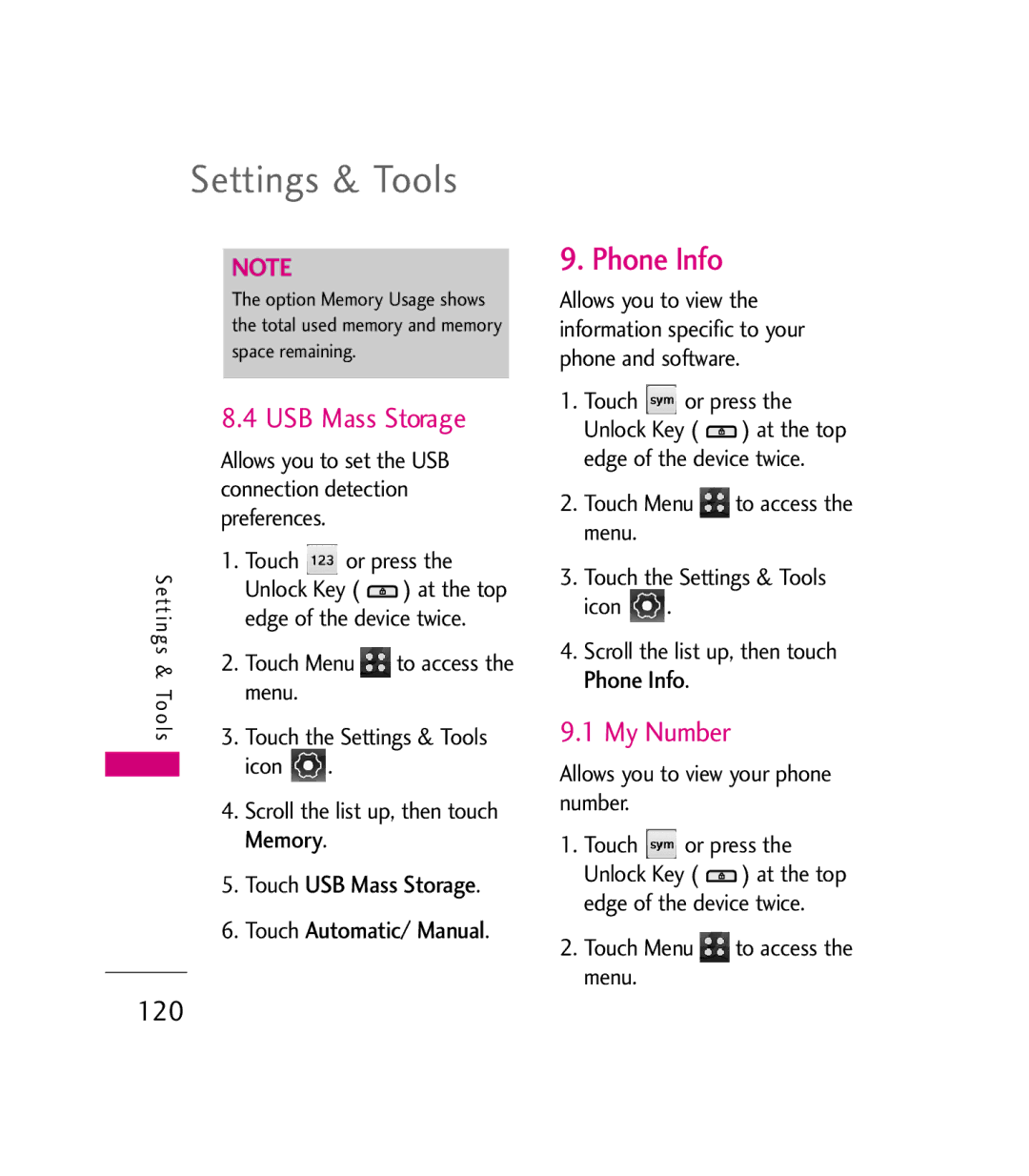 LG Electronics 9600 manual Phone Info, My Number, 120 