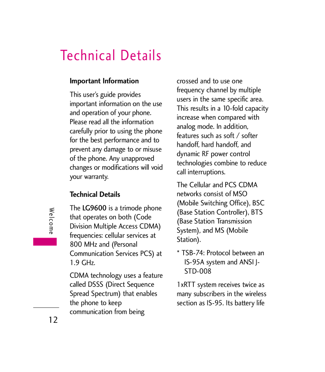 LG Electronics 9600 manual Important Information, Technical Details 