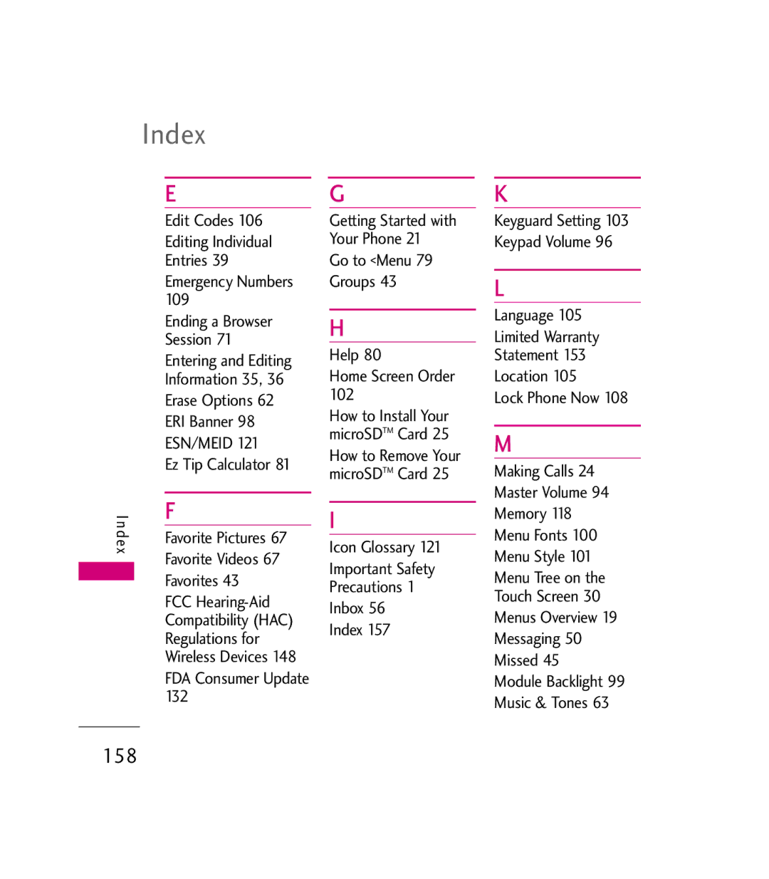 LG Electronics 9600 manual Index, 158 