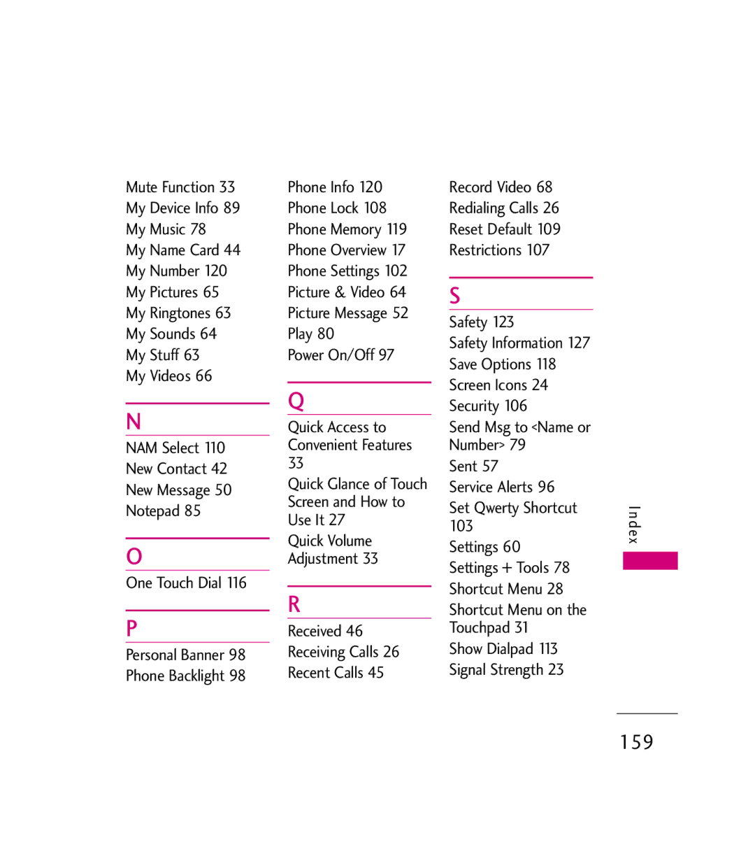 LG Electronics 9600 manual 159, Sent Service Alerts Set Qwerty Shortcut, Shortcut Menu on the Touchpad 