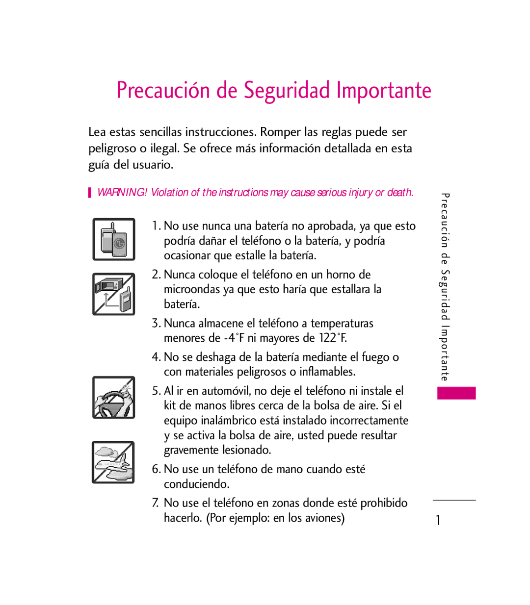 LG Electronics 9600 manual Precaución de Seguridad Importante, No use un teléfono de mano cuando esté conduciendo 