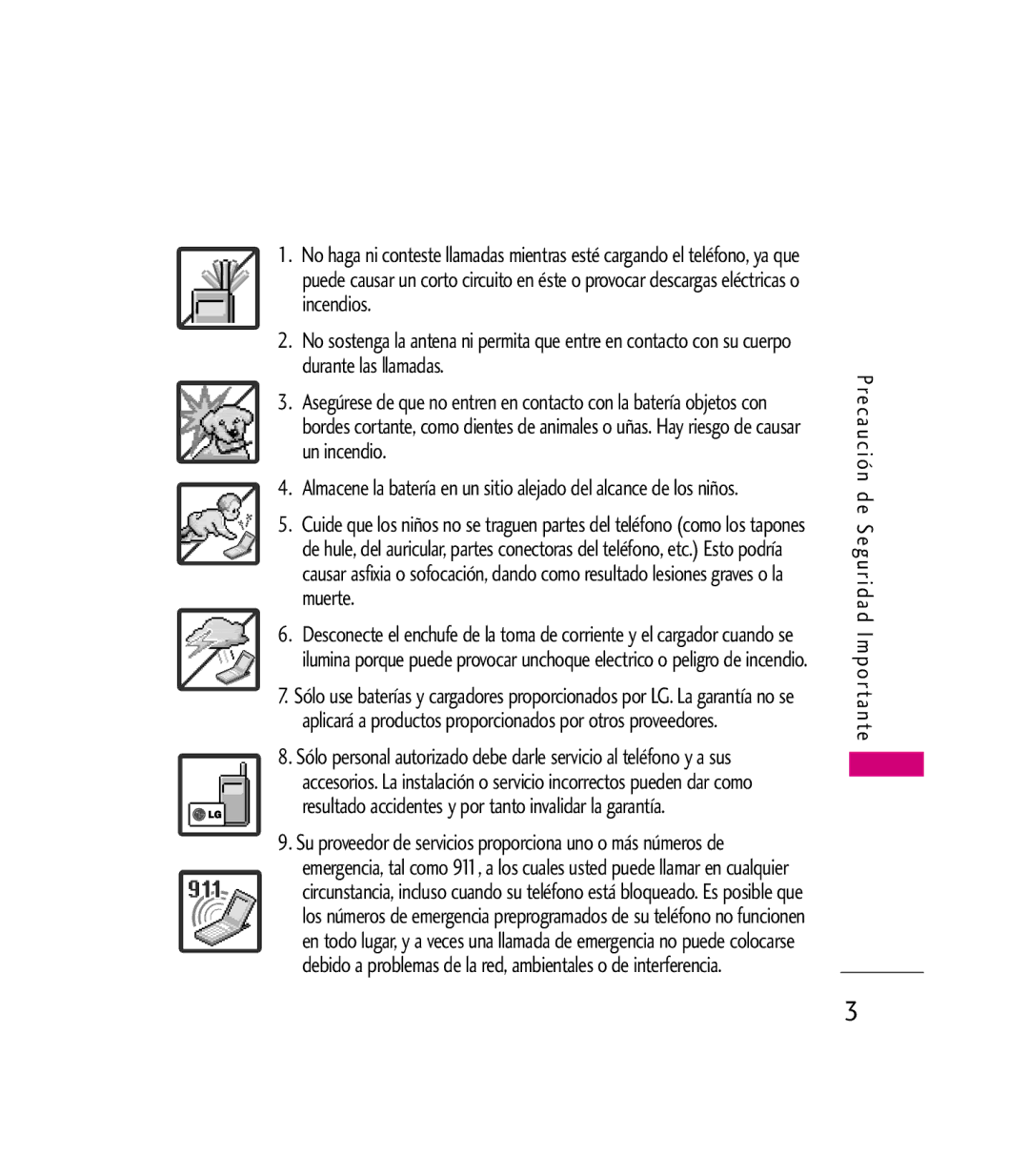 LG Electronics 9600 manual Precaución de Seguridad Impor tante 