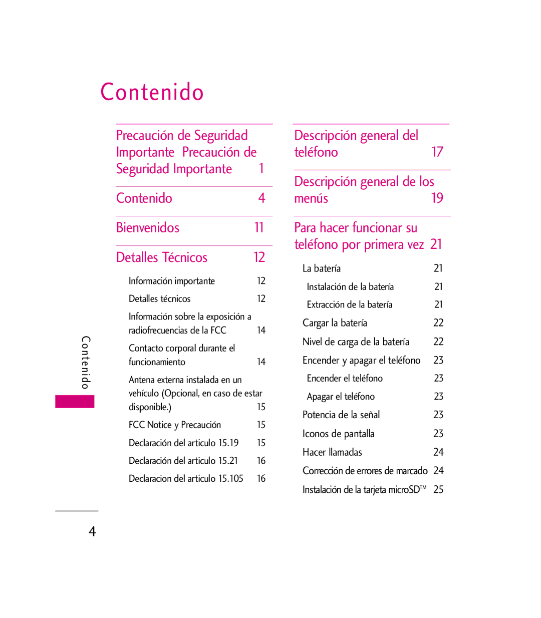 LG Electronics 9600 manual Contenido Bienvenidos Detalles Técnicos, Importante Precaución de 