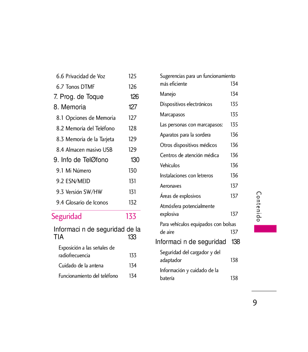 LG Electronics 9600 manual Seguridad 133 