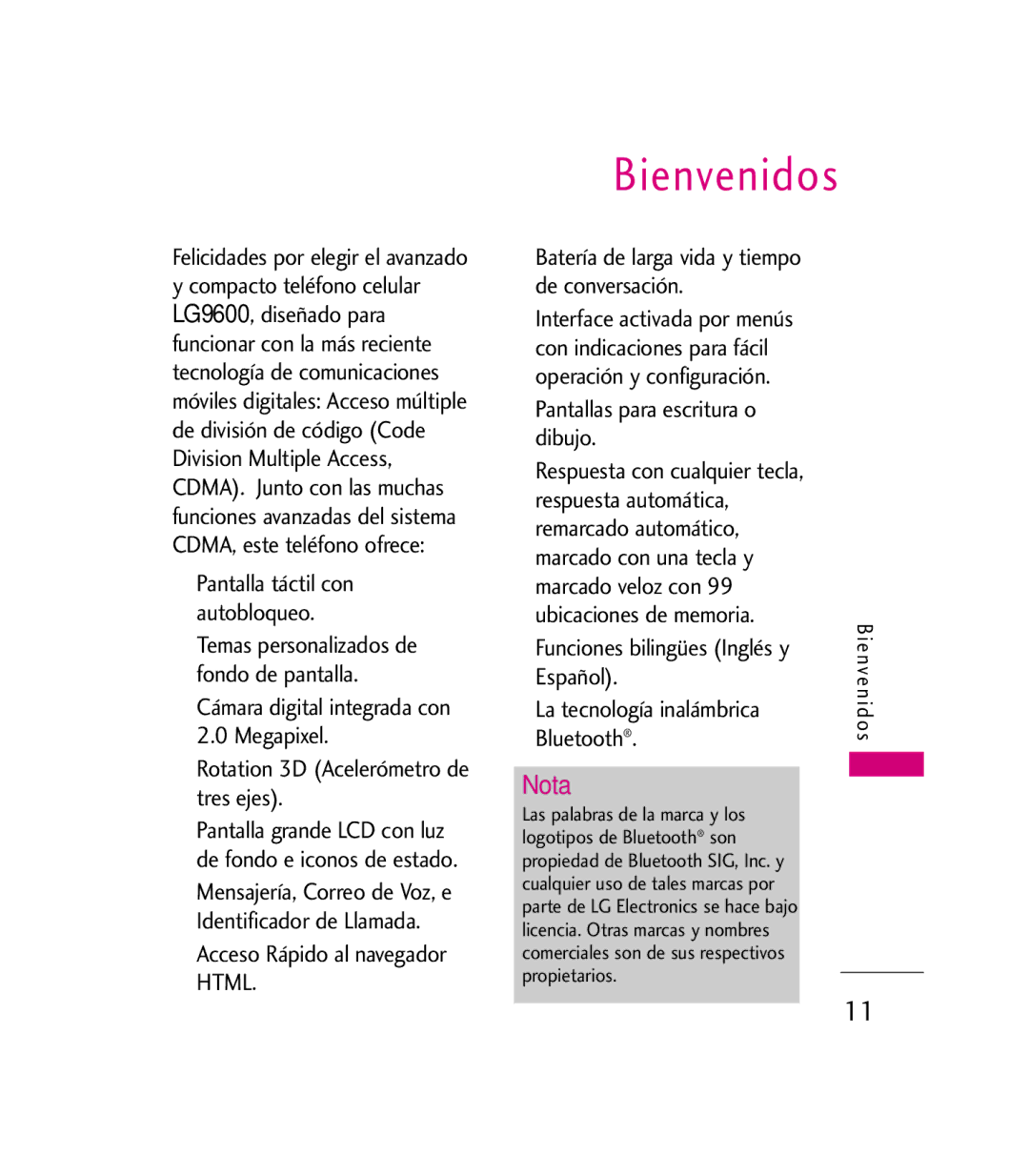 LG Electronics 9600 manual Acceso Rápido al navegador Html, Pantalla táctil con autobloqueo 