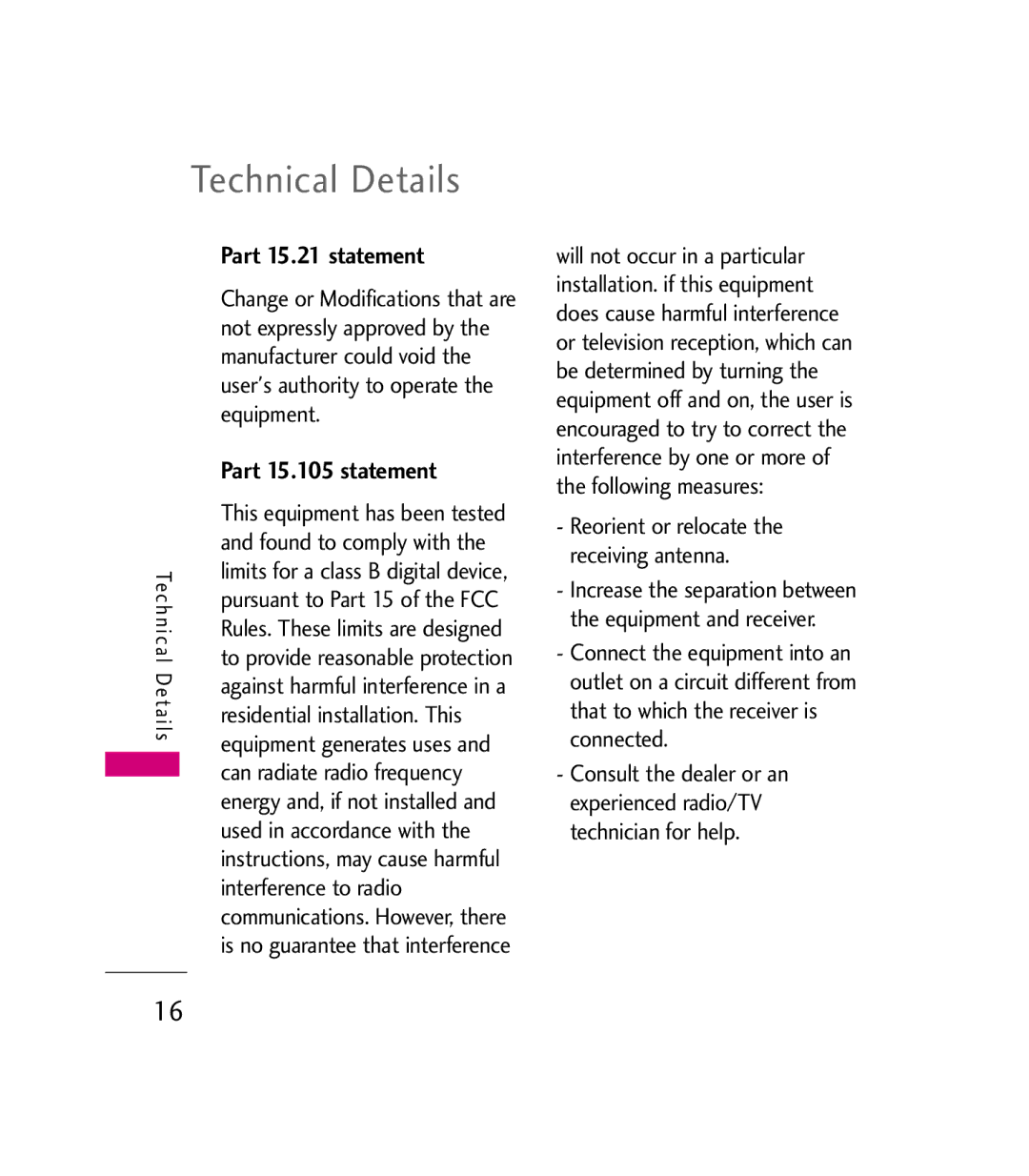 LG Electronics 9600 manual Part 15.21 statement, Part 15.105 statement 