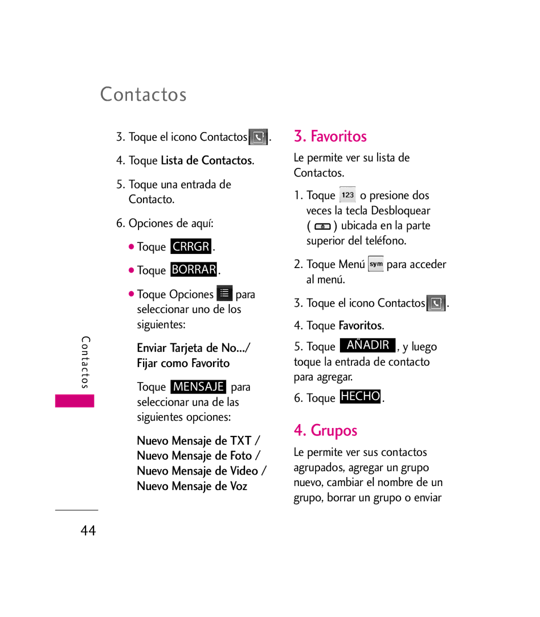 LG Electronics 9600 manual Contactos, Favoritos, Grupos 